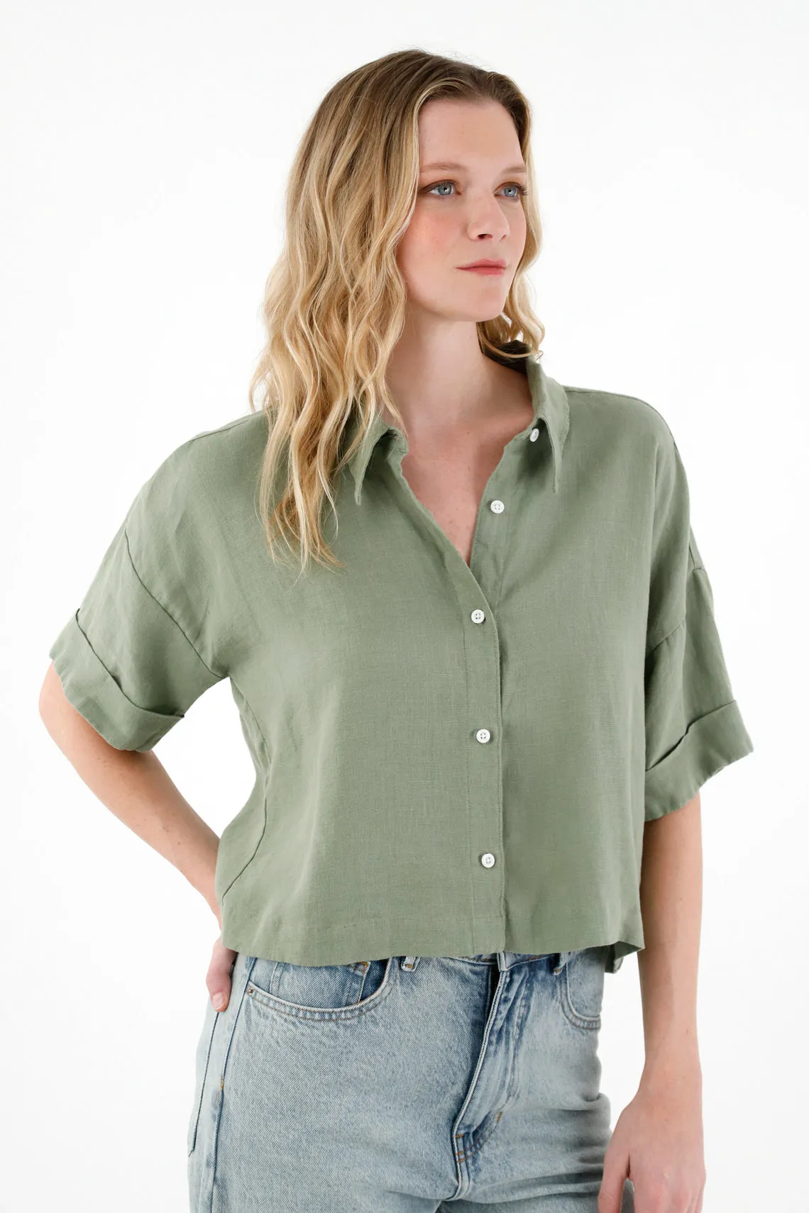 Camisa verde en 100% lino para mujer