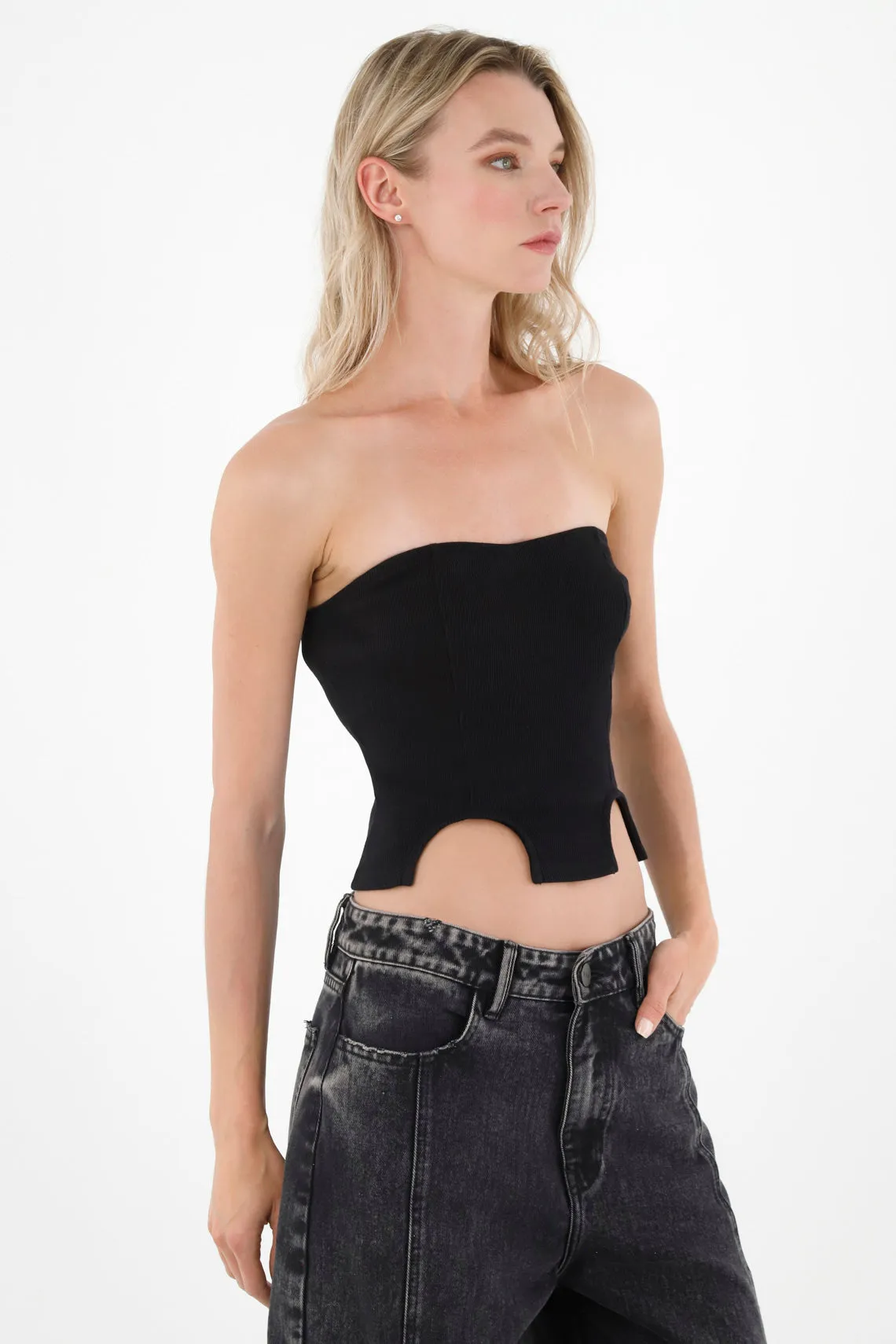 Camiseta strapless negra para mujer