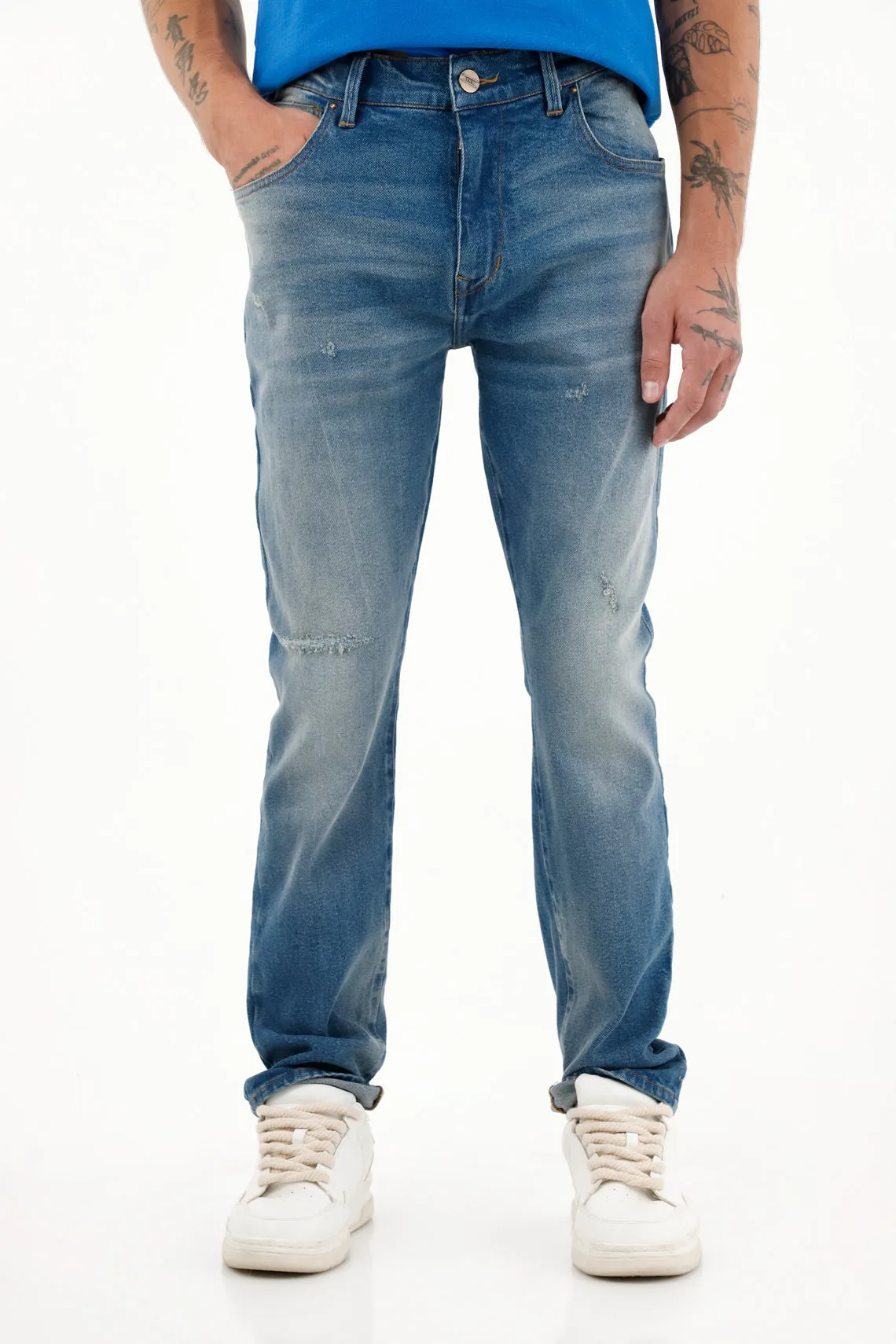 Jean Nudy azul tiro medio con destroyed para hombre