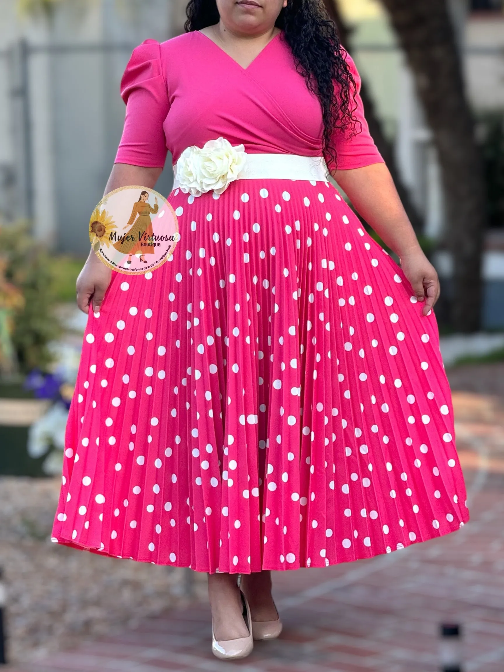 Jessica Coral Polka Dot Pleated Dress